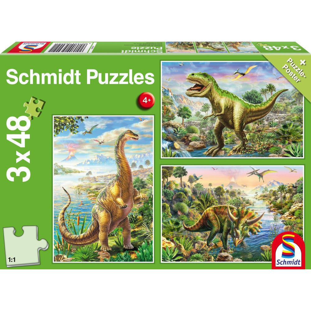Imagine Puzzle Schmidt: Aventurile dinozaurilor, Set de 3 x 48 piese + Cadou: poster