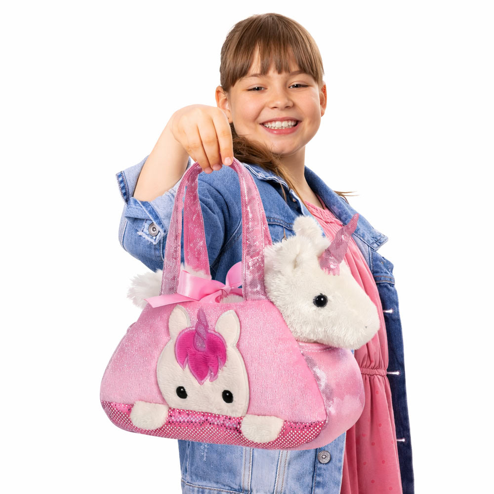 Set geanta pentru copii cu jucarie de plus Fancy Pals, 2 in 1, unicorn alb, geanta roz, 20 cm