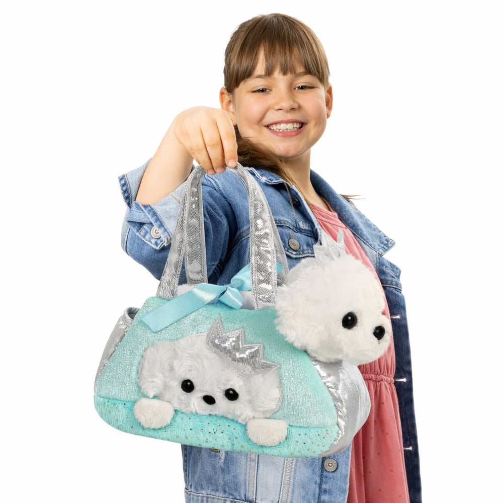 Set geanta pentru copii cu jucarie de plus Fancy Pals, 2 in 1, catel alb, geanta multicolorata, 20 cm