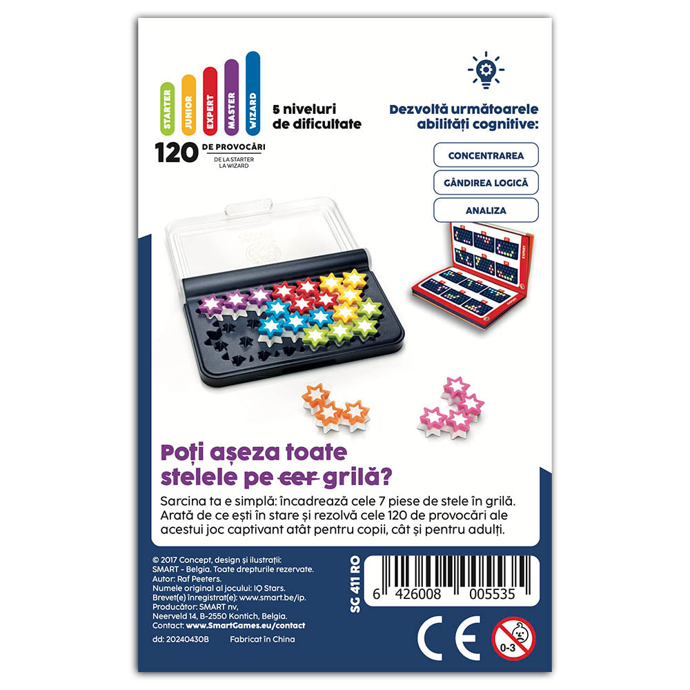 Smart Games - IQ Stars, logikai játék 120 kihívással, 6+ év, font kiadás. román