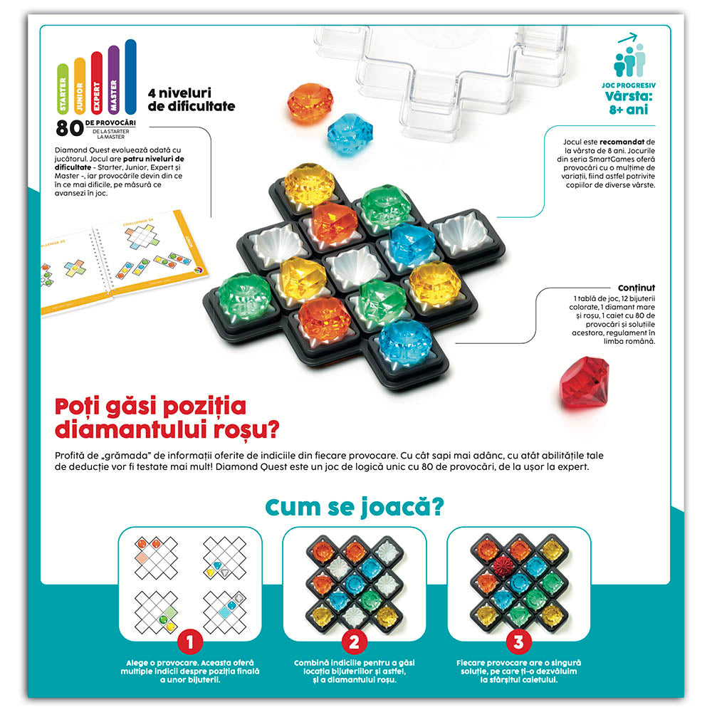 Smart Games - Diamond Quest, logikai játék 80 kihívással, 8 év feletti, font kiadás. román