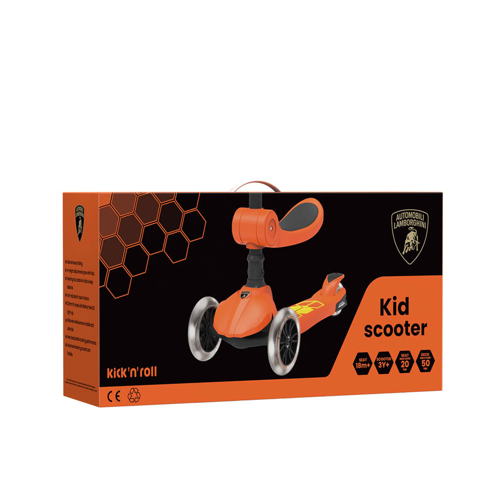 Trotineta copii pliabila, portocaliu, Lamborghini Kick'n'Roll L5 2in1, cu 3 roti luminoase, ghidon reglabil, scaun retractabil, 3+ ani, suport maxim 50kg, suport maxim 20 kg scaun