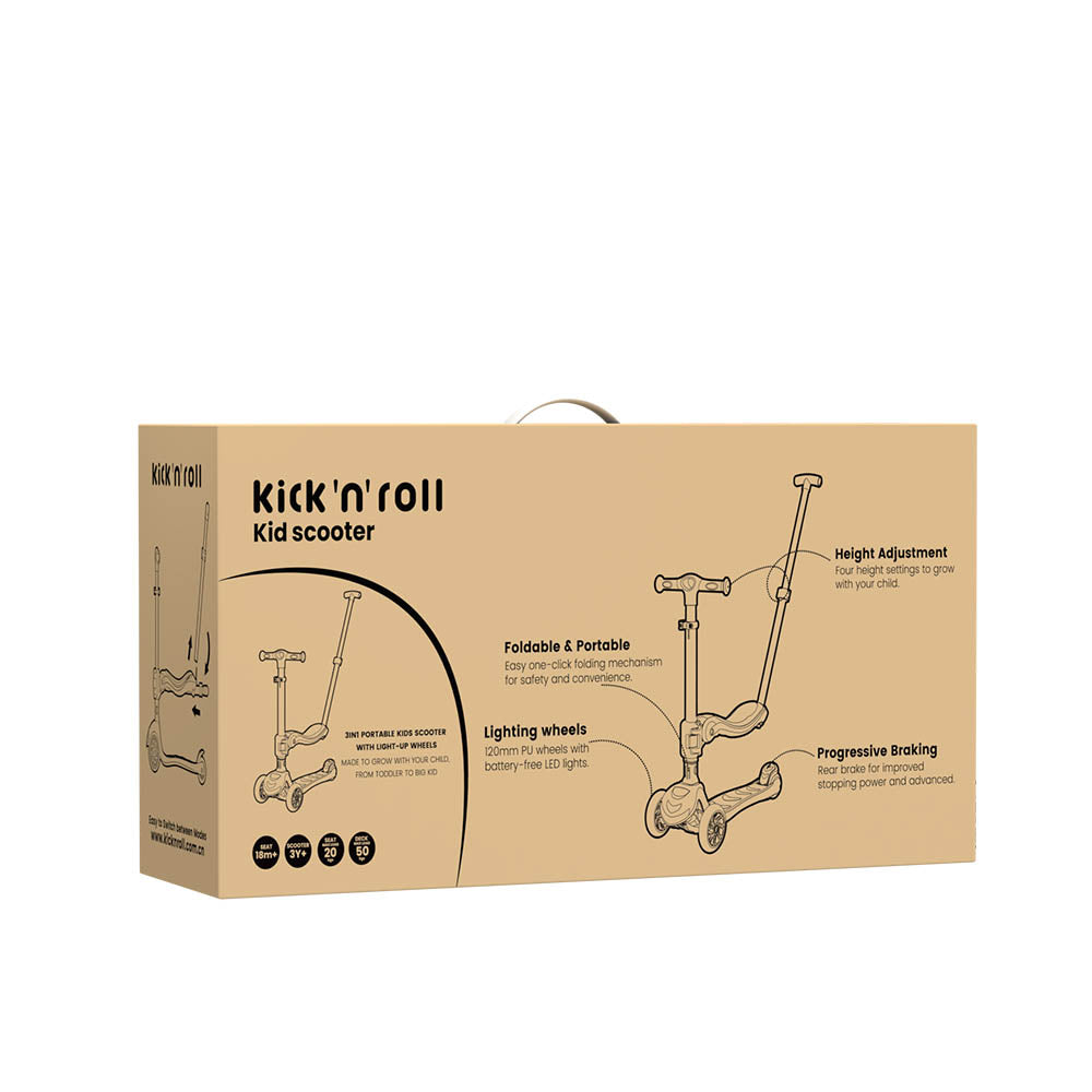 Trotineta copii pliabila 3 in 1, roz, Kick'n'Roll S6 ECO, cu bara de impingere detasabila, ghidon reglabil, scaun detasabil, cu 3 roti luminoase, 3+ ani, suport maxim 50 kg platforma, suport maxim 20 kg scaun
