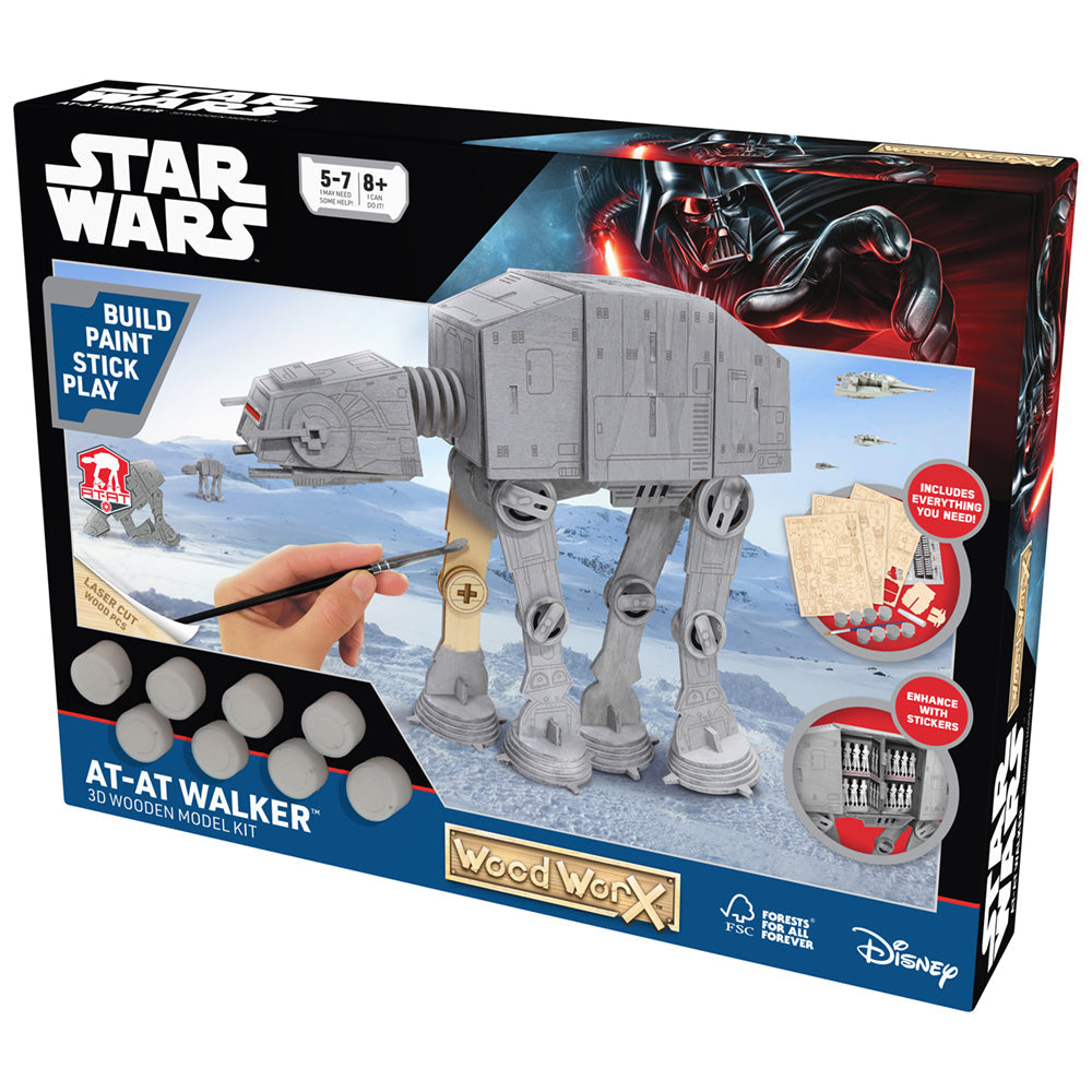 Imagine - Macheta de asamblat, Wood WorX - Star Wars - AT-AT Walker, cu 90+ piese din lemn + vopsea, pensula si adeziv inclus