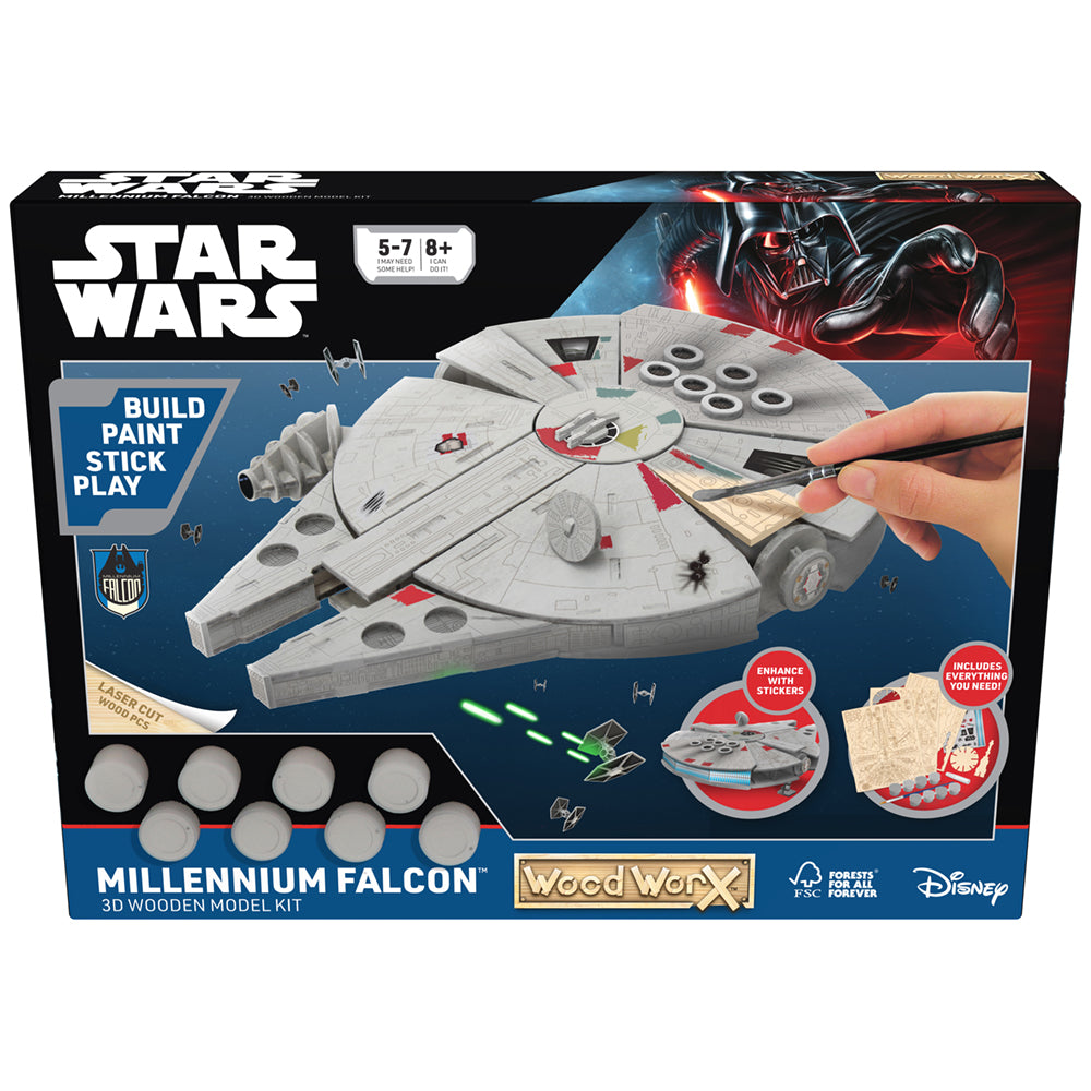 Imagine - Macheta de asamblat, Wood WorX - Star Wars - Millennium Falcon, cu 80+ piese din lemn + vopsea, pensula si adeziv inclus