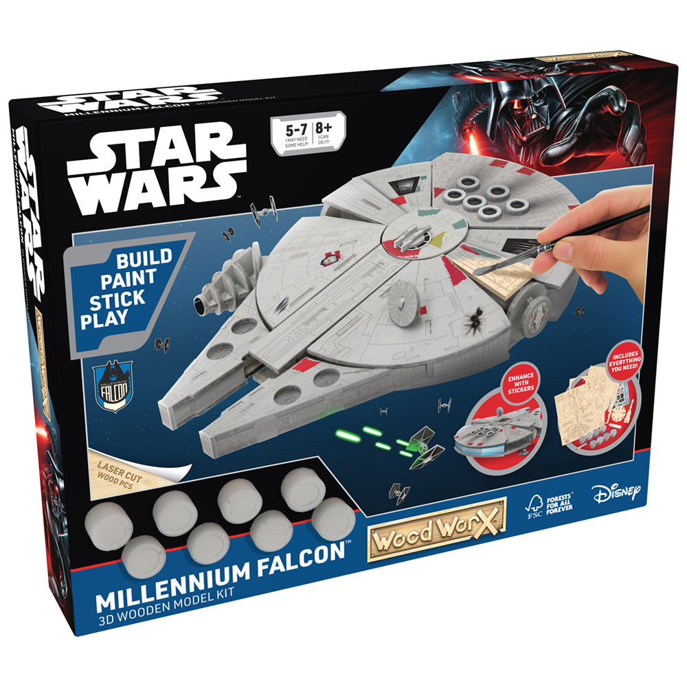 Imagine - Macheta de asamblat, Wood WorX - Star Wars - Millennium Falcon, cu 80+ piese din lemn + vopsea, pensula si adeziv inclus