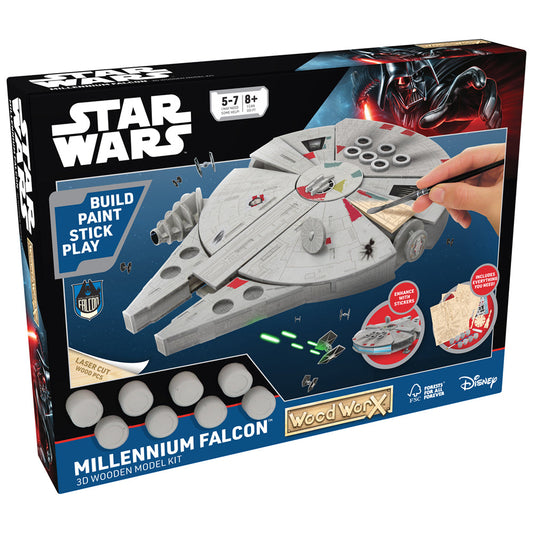 Imagine - Macheta de asamblat, Wood WorX - Star Wars - Millennium Falcon, cu 80+ piese din lemn + vopsea, pensula si adeziv inclus