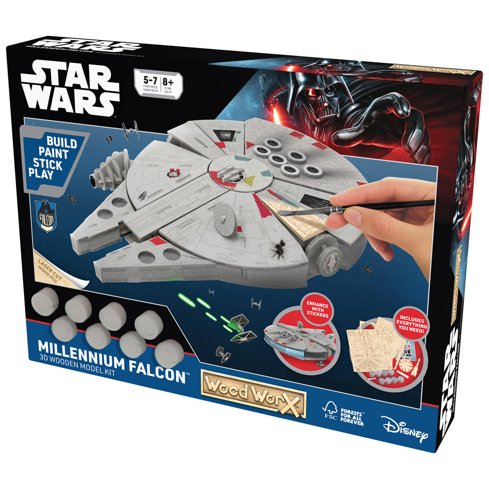 Imagine - Macheta de asamblat, Wood WorX - Star Wars - Millennium Falcon, cu 80+ piese din lemn + vopsea, pensula si adeziv inclus
