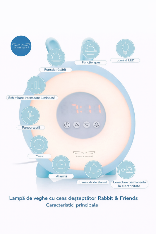 Ceas deșteptător cu lumină Wake-Up Rabbit & Friends, funcție sunrise/sunset, LED, Albastru