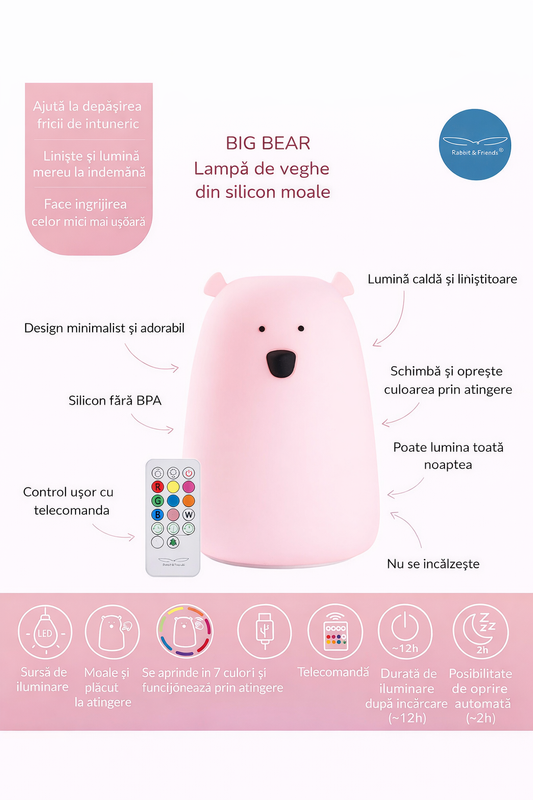 Lampă de veghe Big Bear cu telecomandă Rabbit & Friends – Silicon, 7 culori LED, Roz