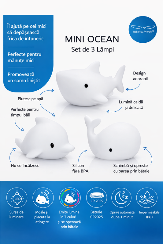 Set Mini Ocean Rabbit & Friends – Lămpițe de noapte plutitoare pentru baie (3 buc)