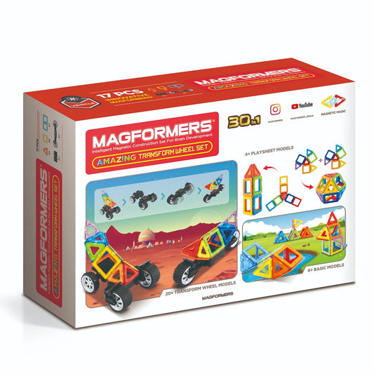 Mágneses építőkészlet Magformers Amazing Transform Wheels Set - Járművek, 17 darab