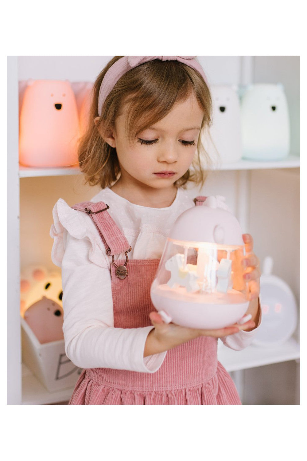 Lampă de veghe Chicklet Rabbit & Friends cu carusel și cutie muzicală, LED multicolor, încărcare USB, Roz