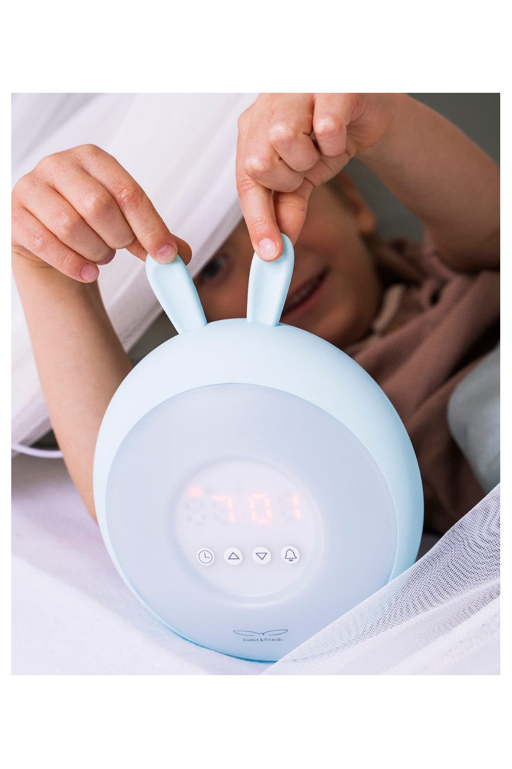 Ceas deșteptător cu lumină Wake-Up Rabbit & Friends, funcție sunrise/sunset, LED, Albastru