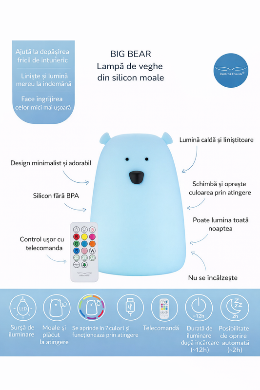 Lampă de veghe Big Bear cu telecomandă Rabbit & Friends – Silicon, 7 culori LED, Albastru