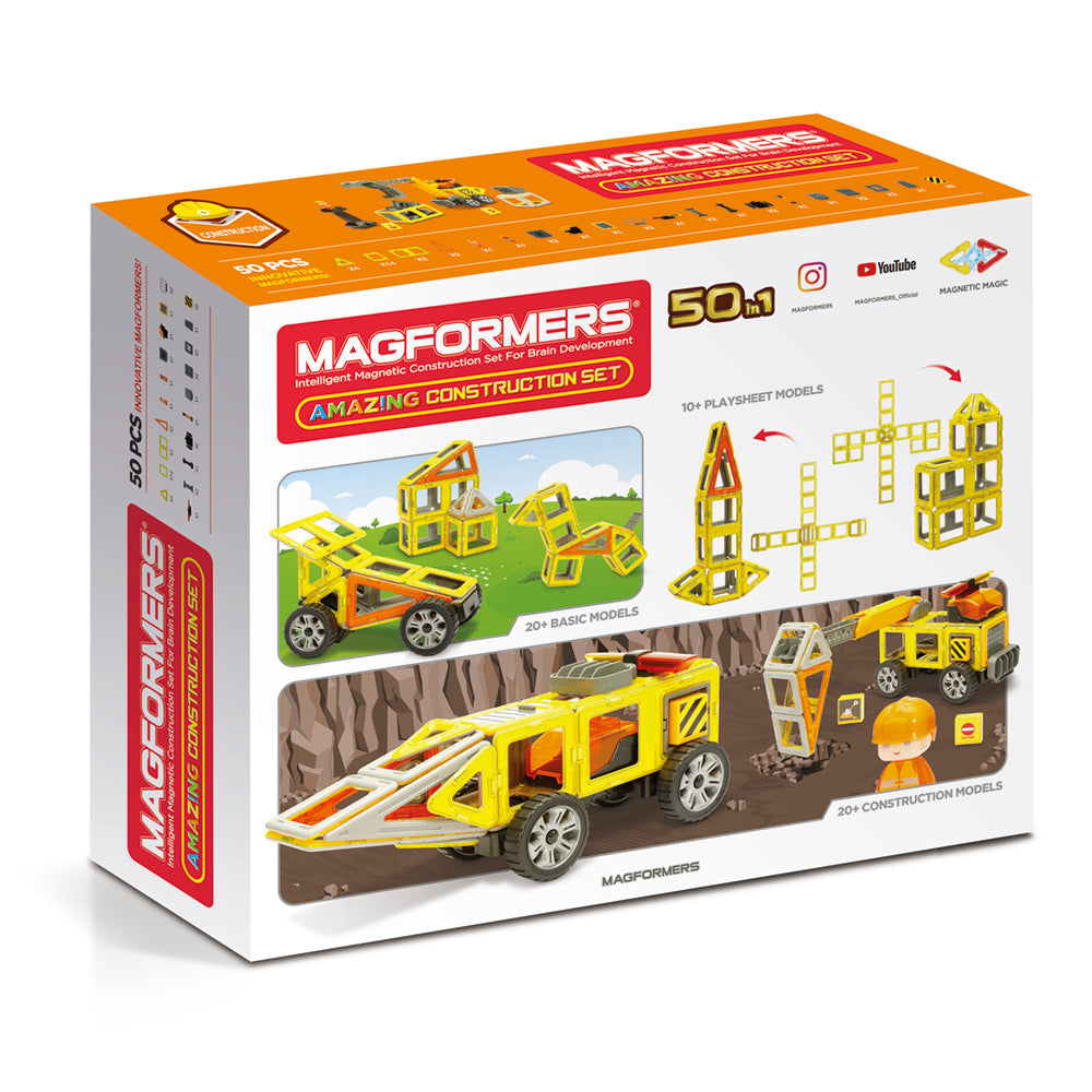 Joc magnetic de constructie Magformers Amazing Construction Set - Utilaje de constructii, 50 piese