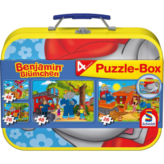 Imagine Puzzle Schmidt: Benjamin Blümchen - Elefantul Benjamin, Set de 2 x 26 piese si 2 x 48 piese + Bonus: cufar metalic