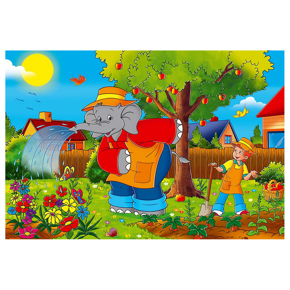 Imagine Puzzle Schmidt: Benjamin Blümchen - Elefantul Benjamin, Set de 2 x 26 piese si 2 x 48 piese + Bonus: cufar metalic