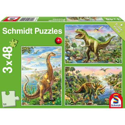 Imagine Puzzle Schmidt: Aventurile dinozaurilor, Set de 3 x 48 piese + Cadou: poster