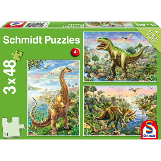 Imagine Puzzle Schmidt: Aventurile dinozaurilor, Set de 3 x 48 piese + Cadou: poster