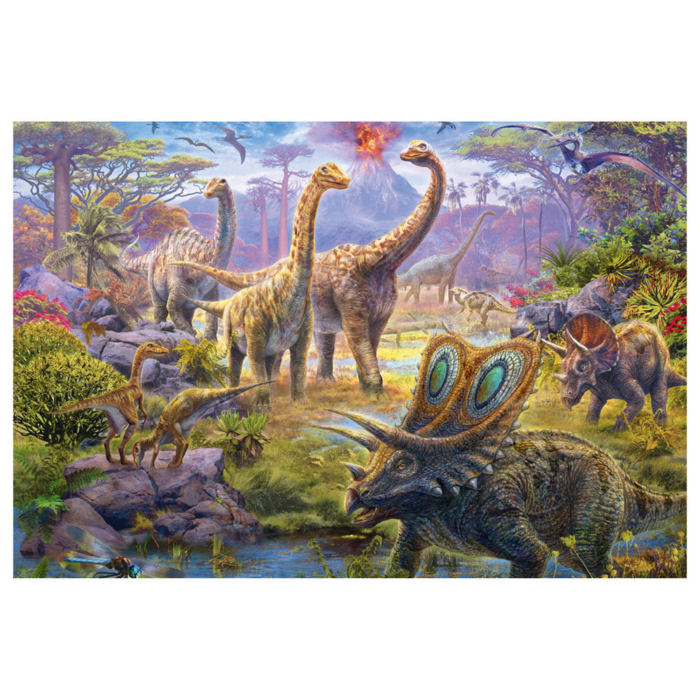 Imagine Puzzle Schmidt: Dinozauri, Set de 2 x 60 piese si 2 x 100 piese + Bonus: cufar metalic