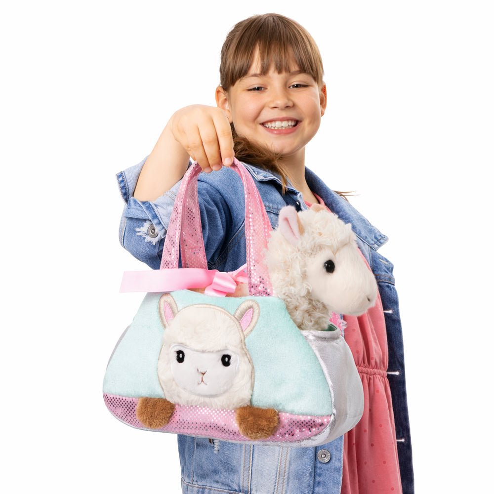 Set geanta pentru copii cu jucarie de plus Fancy Pals, 2 in 1, alpaca alba, geanta multicolorata, 20 cm