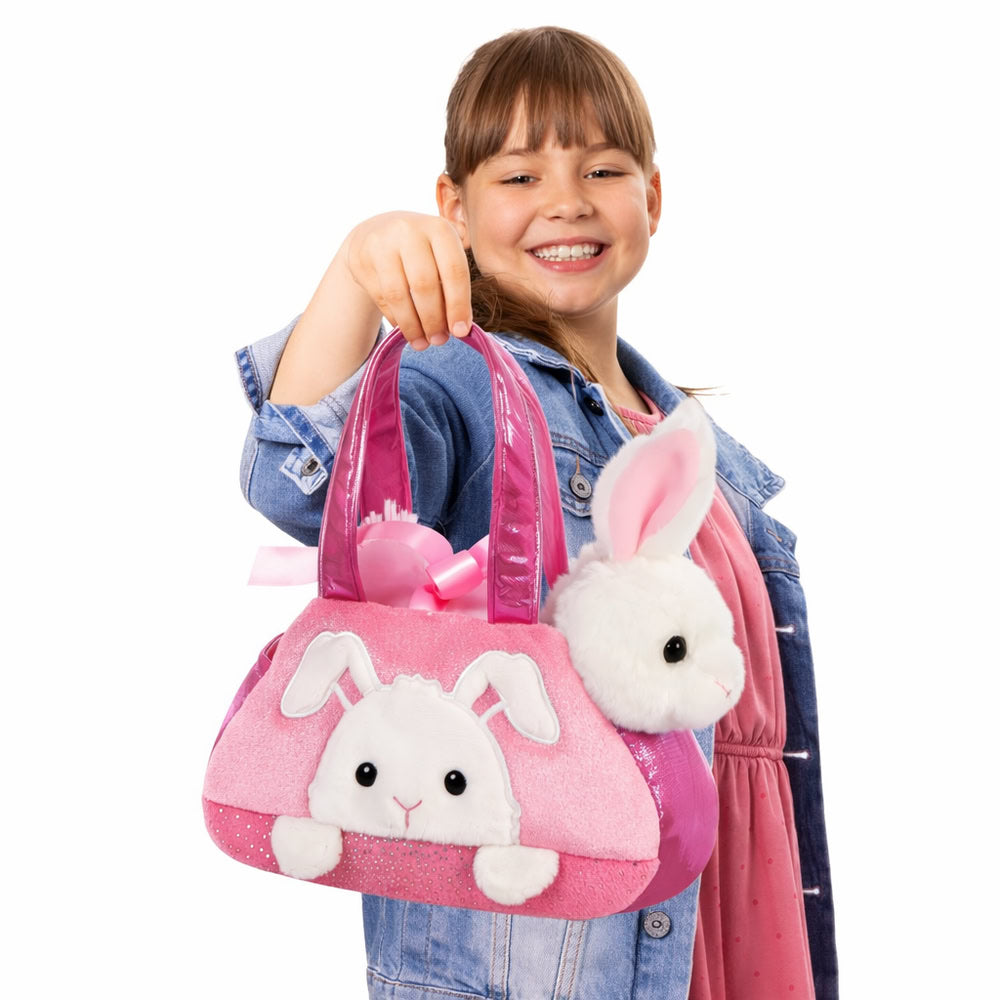 Set geanta pentru copii cu jucarie de plus Fancy Pals, 2 in 1, iepure alb, geanta roz. 20 cm