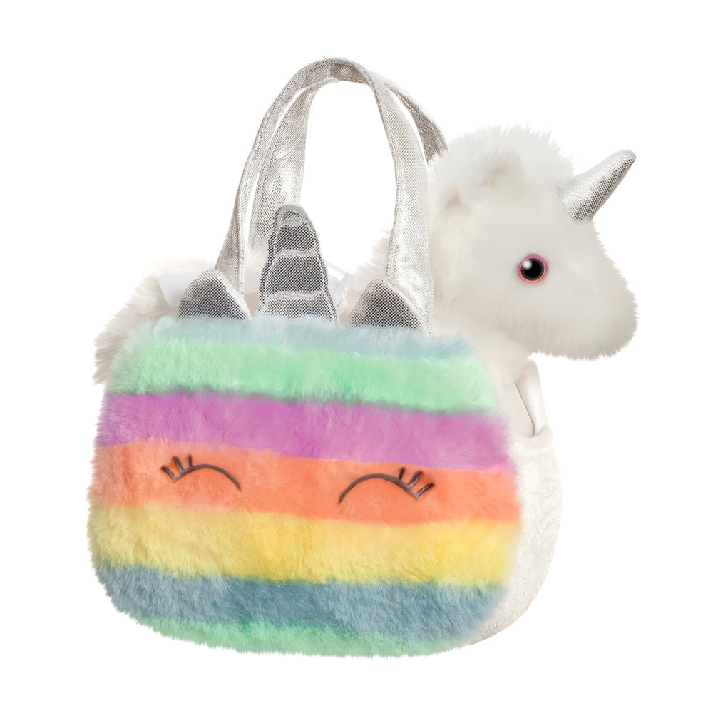 Set geanta pentru copii cu jucarie de plus Fancy Pals, 2 in 1, unicorn alb, geanta multicolorata, 20 cm