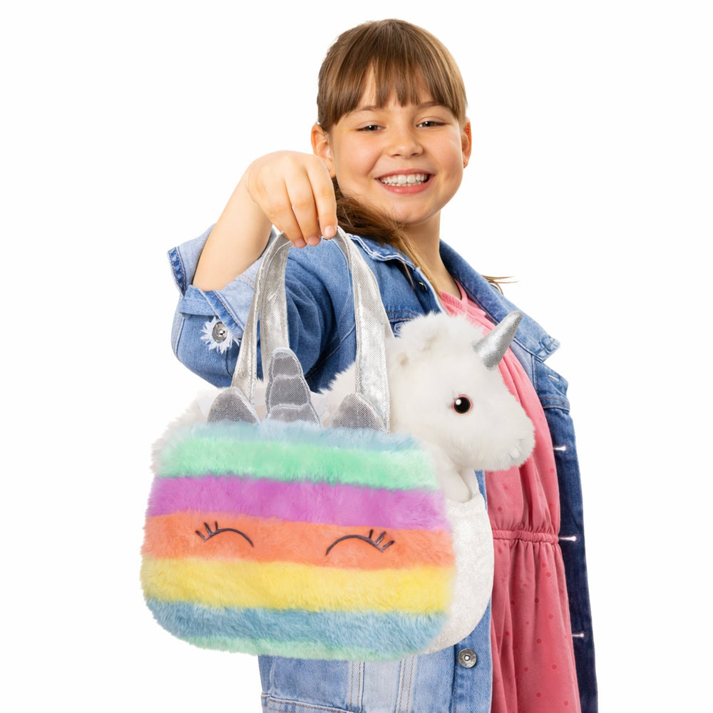 Set geanta pentru copii cu jucarie de plus Fancy Pals, 2 in 1, unicorn alb, geanta multicolorata, 20 cm