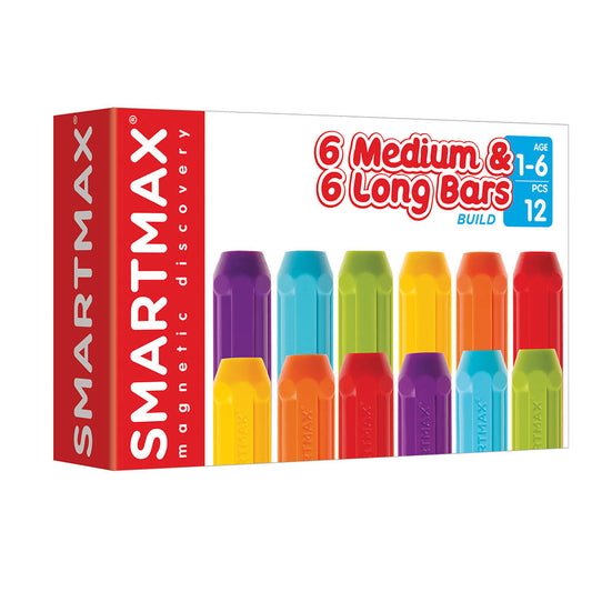 Smart Max mágneses játék, XT készlet 6 db rövid és 6 db hosszú rúdból, 6 közepes és 6 hosszú darabból álló készlet