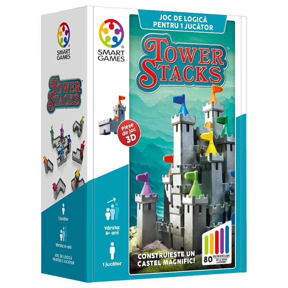 Smart Games - Tower Stacks, logikai játék 80 kihívással, 8 év feletti, font kiadás. román
