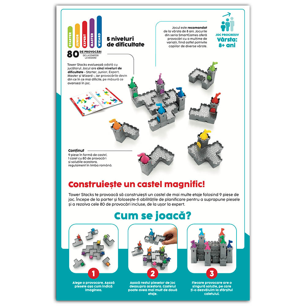 Smart Games - Tower Stacks, joc de logica cu 80 de provocari, 8+ ani, editie lb. Romana