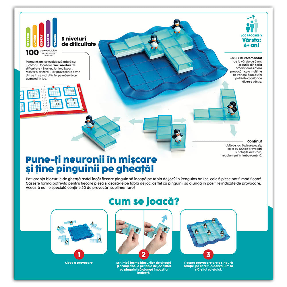 Intelligens játékok – Penguins on Ice, logikai játék 100 kihívással, 6+ éves, font kiadás. román