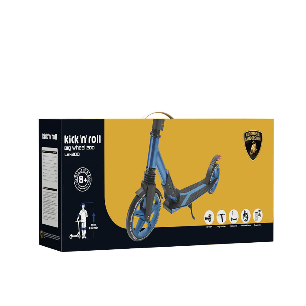 Trotineta pentru adolescenti pliabila, albastru, Lamborghini Kick'n'Roll L2-200, cu suspensie, cu cric si cu lumina de frana pe spate, 8+ ani, suport maxim 100 kg