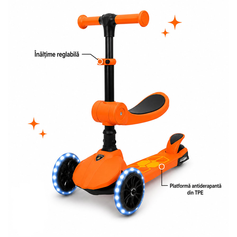 Trotineta copii pliabila, portocaliu, Lamborghini Kick'n'Roll  L5 2in1, cu 3 roti luminoase, ghidon reglabil, scaun retractabil, 3+ ani, suport maxim 50kg, suport maxim 20 kg scaun