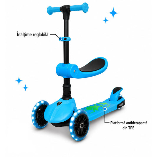Trotineta copii pliabila, albastru, Lamborghini Kick'n'Roll L5 2in1, cu 3 roti luminoase, ghidon reglabil, scaun retractabil, 3+ ani, suport maxim 50kg, suport maxim 20 kg scaun