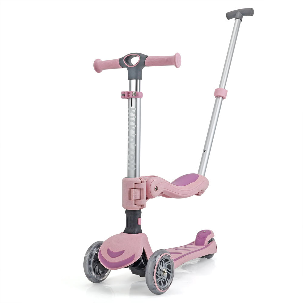 Trotineta copii pliabila 3 in 1, roz, Kick'n'Roll S6 ECO, cu bara de impingere detasabila, ghidon reglabil, scaun detasabil, cu 3 roti luminoase, 3+ ani, suport maxim 50 kg platforma, suport maxim 20 kg scaun