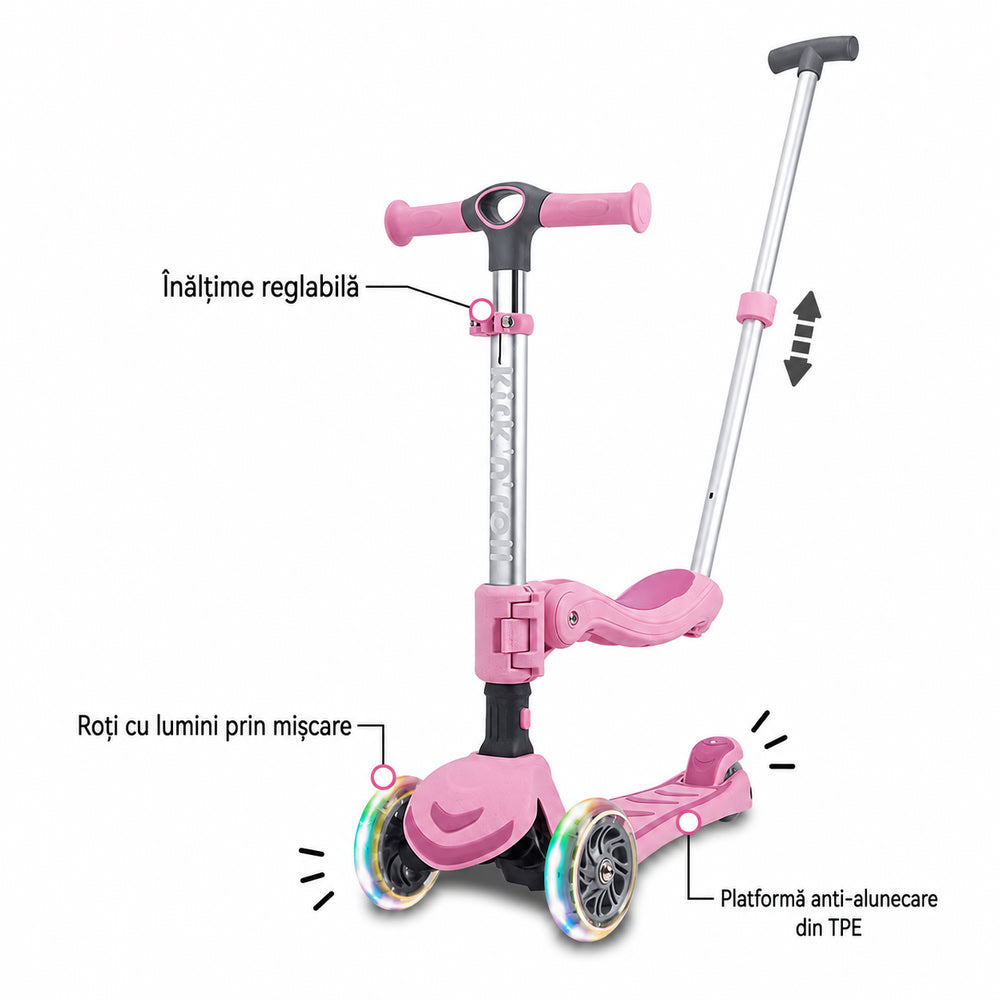 Trotineta copii pliabila 3 in 1, roz, Kick'n'Roll S6 ECO, cu bara de impingere detasabila, ghidon reglabil, scaun detasabil, cu 3 roti luminoase, 3+ ani, suport maxim 50 kg platforma, suport maxim 20 kg scaun