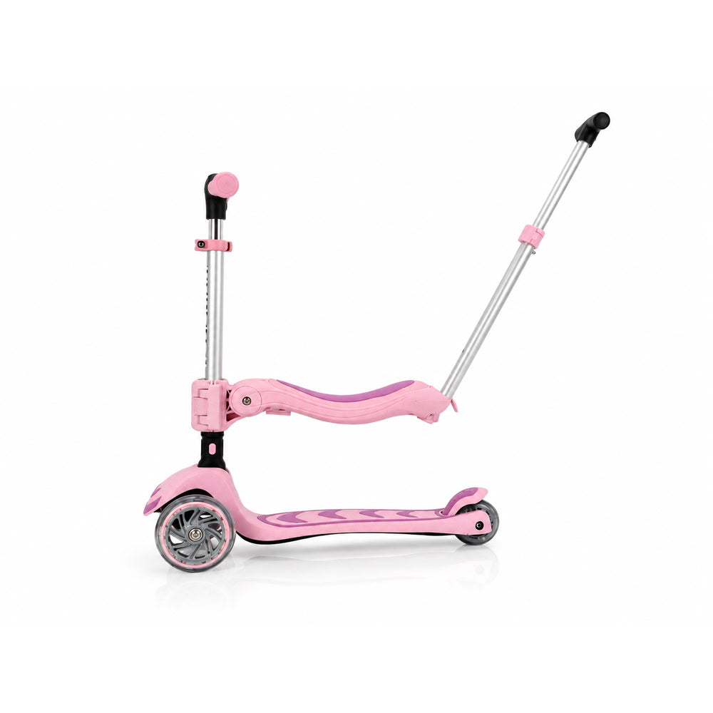 Trotineta copii pliabila 3 in 1, roz, Kick'n'Roll S6 ECO, cu bara de impingere detasabila, ghidon reglabil, scaun detasabil, cu 3 roti luminoase, 3+ ani, suport maxim 50 kg platforma, suport maxim 20 kg scaun