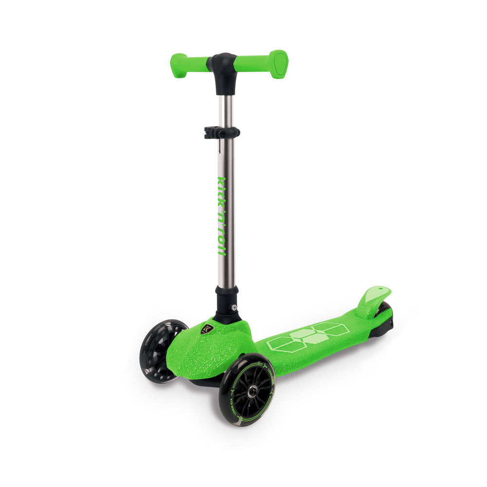 Trotineta copii pliabila, verde, Kick'n'Roll  L5 Jelly, cu 3 roti luminoase si platforma cu banda de LED multicolorata, ghidon reglabil, 3+ ani, suport maxim 50kg