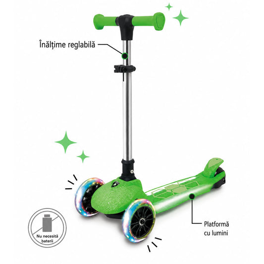 Trotineta copii pliabila, verde, Kick'n'Roll L5 Jelly, cu 3 roti luminoase si platforma cu banda de LED multicolorata, ghidon reglabil, 3+ ani, suport maxim 50kg