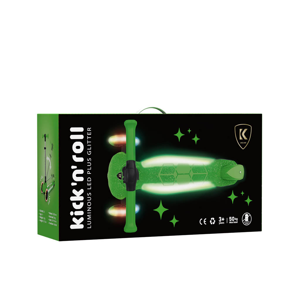 Trotineta copii pliabila, verde, Kick'n'Roll  L5 Jelly, cu 3 roti luminoase si platforma cu banda de LED multicolorata, ghidon reglabil, 3+ ani, suport maxim 50kg