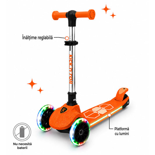 Trotineta copii pliabila, portocaliu, Kick'n'Roll L5 Jelly, cu 3 roti luminoase si platforma cu banda de LED multicolorata, ghidon reglabil, 3+ ani, suport maxim 50kg