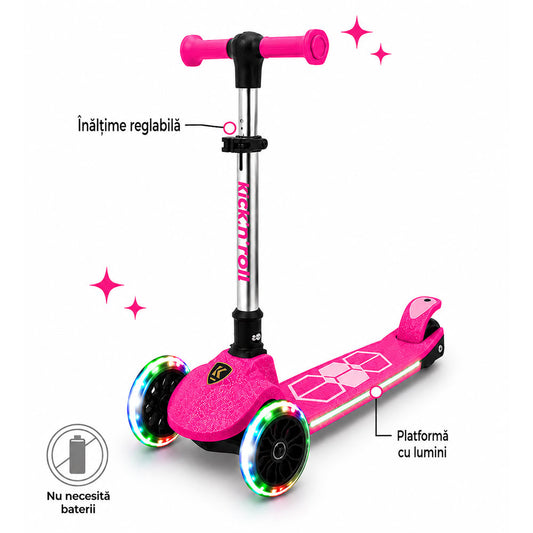 Trotineta copii pliabila, roz, Kick'n'Roll L5 Jelly, cu 3 roti luminoase si platforma cu banda de LED multicolorata, ghidon reglabil, 3+ ani, suport maxim 50kg