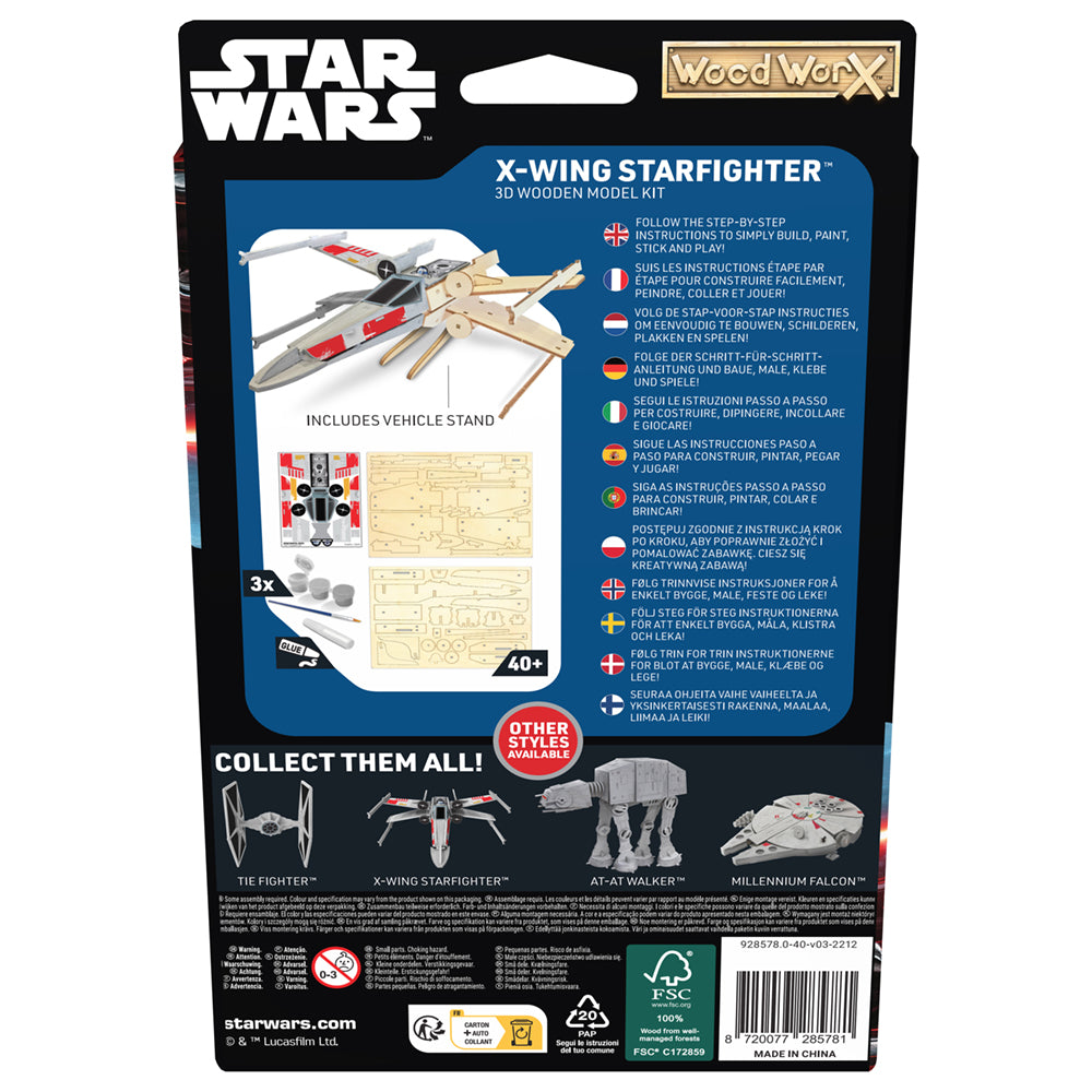 Imagine - Macheta de asamblat, Wood WorX - Star Wars - X-Wing Starfighter, cu 40+ piese din lemn + vopsea, pensula si adeziv inclus
