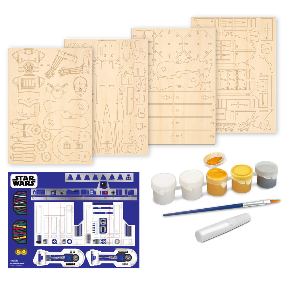 Imagine - Macheta de asamblat, Wood WorX - Star Wars - C-3PO & R2D2, cu 110+ piese din lemn + vopsea, pensula si adeziv inclus