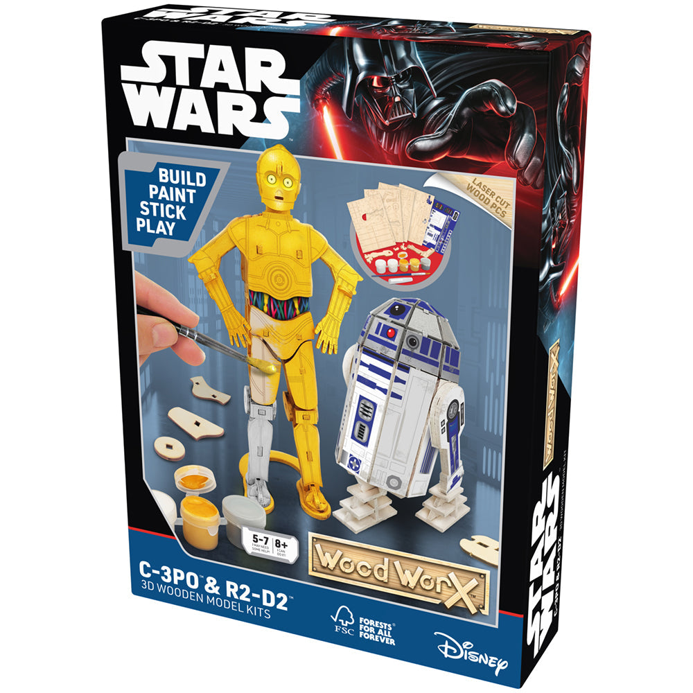 Imagine - Macheta de asamblat, Wood WorX - Star Wars - C-3PO & R2D2, cu 110+ piese din lemn + vopsea, pensula si adeziv inclus