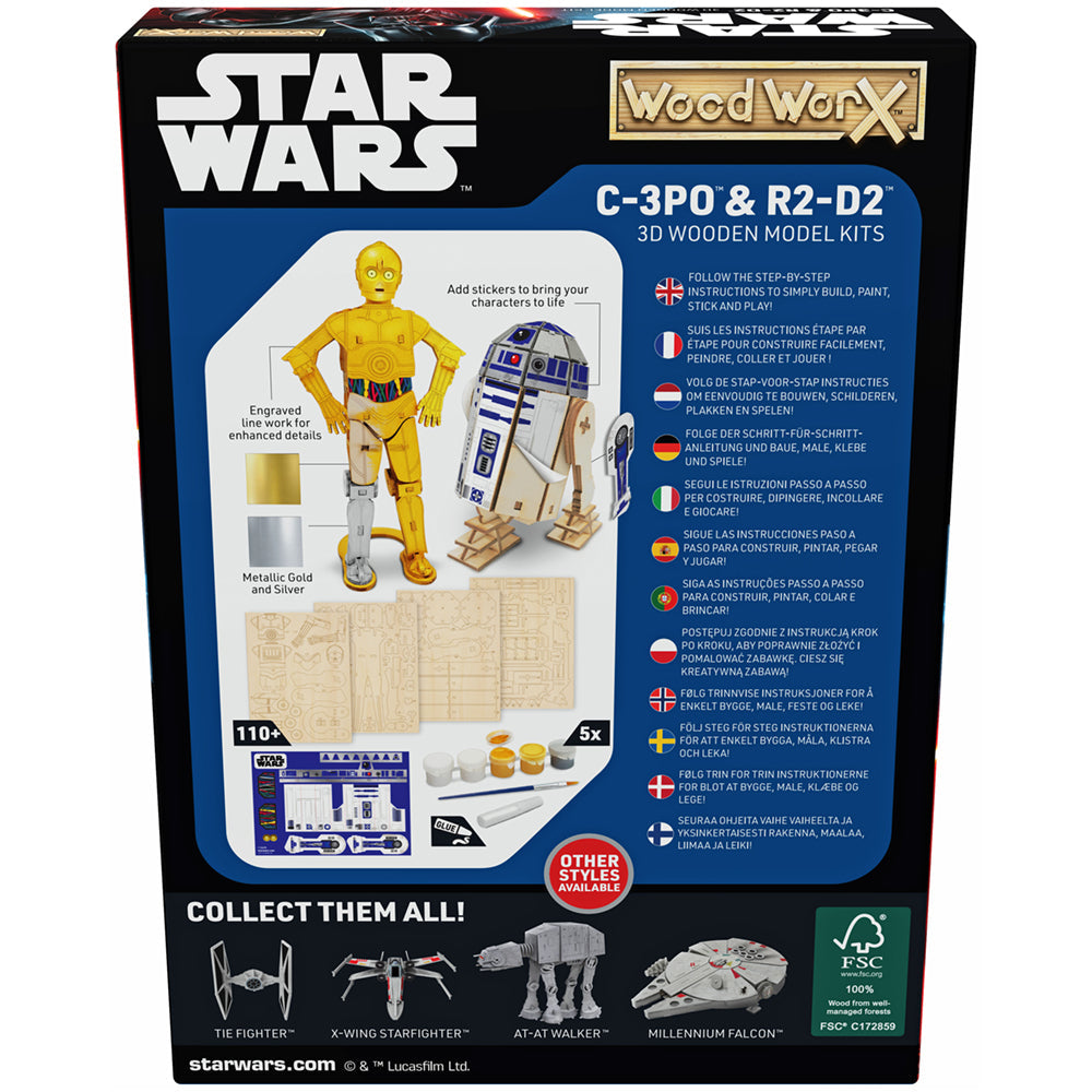 Imagine - Macheta de asamblat, Wood WorX - Star Wars - C-3PO & R2D2, cu 110+ piese din lemn + vopsea, pensula si adeziv inclus