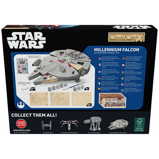 Imagine - Macheta de asamblat, Wood WorX - Star Wars - Millennium Falcon, cu 80+ piese din lemn + vopsea, pensula si adeziv inclus