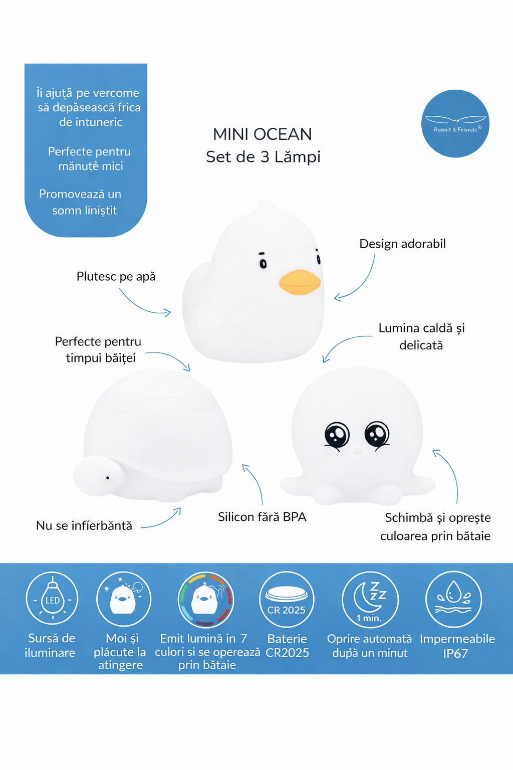 Set Mini Ocean Rabbit & Friends – Lămpițe de noapte plutitoare pentru baie (3 buc)